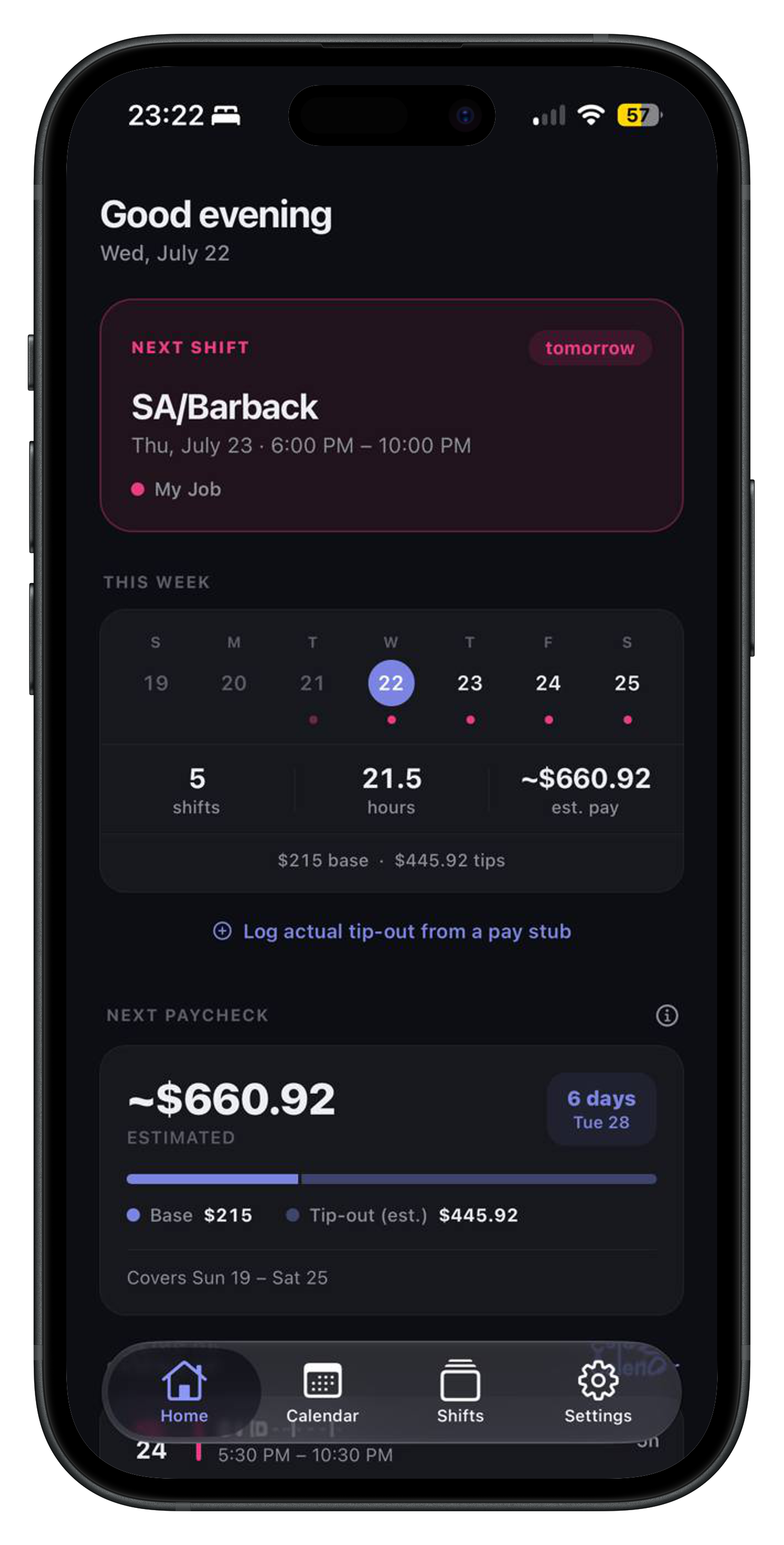 Home screen with this week's hours and estimated pay